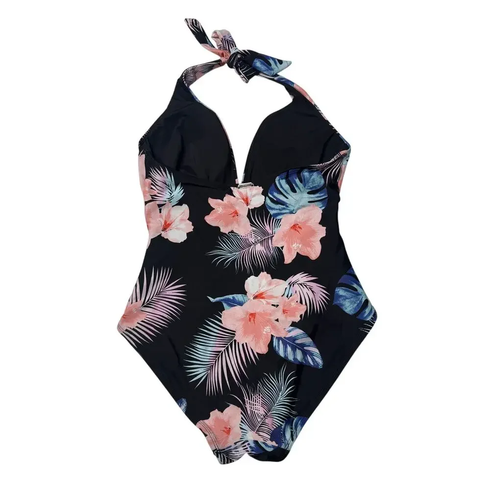 DKNY Tropical Floral Halter One Piece Swimsuit Tummy Control M Est. No Size Tag - Picture 2 of 9